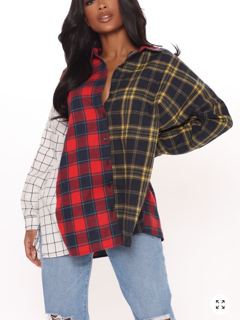 Fashion Nova Patchwork Plaid Button-Down Shirt in Red, Black, Yellow